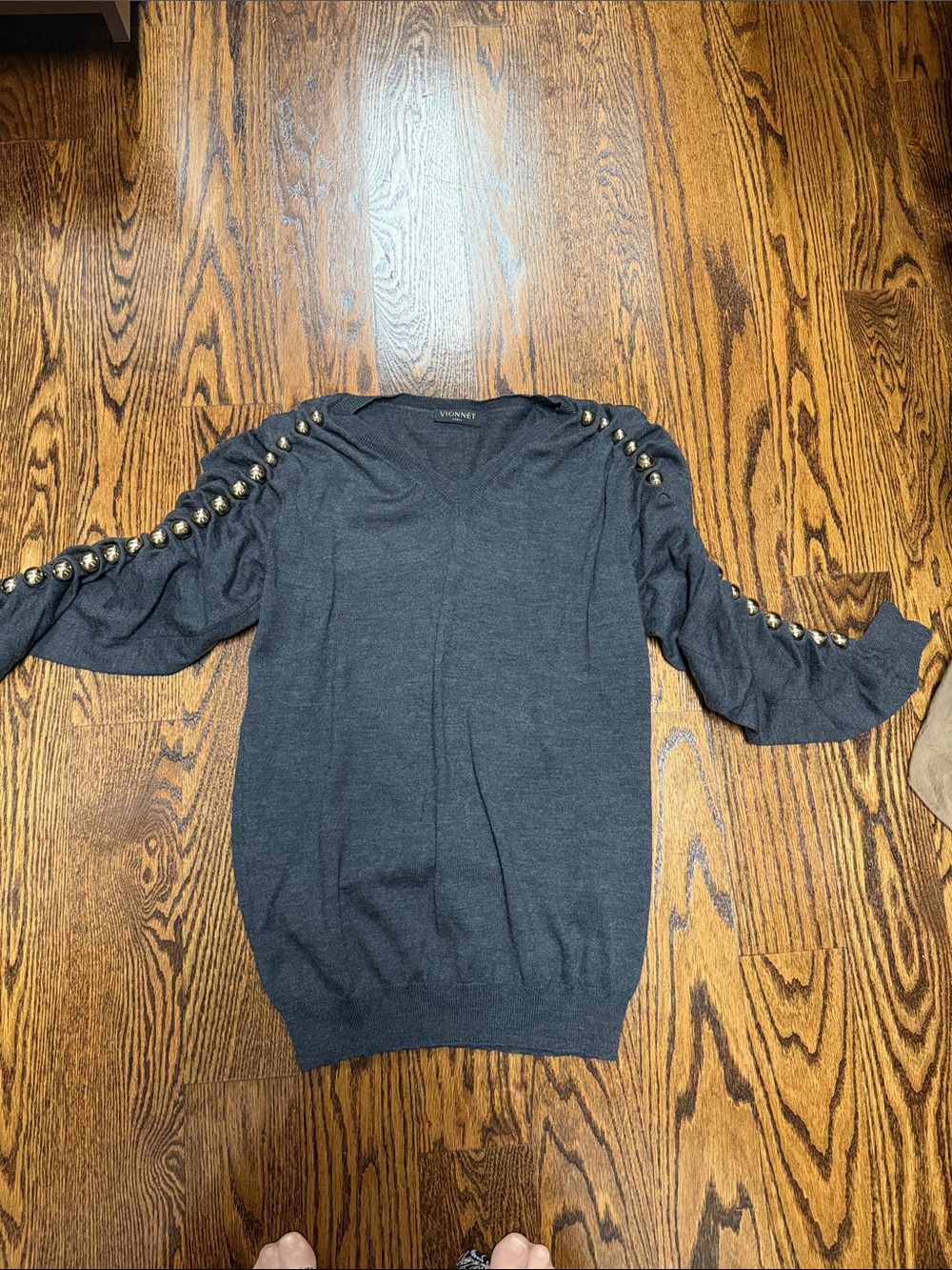 Vionnet Charcoal V-Neck Sweater with Shoulder Studs